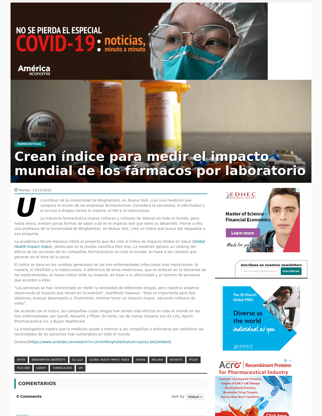 Crean índice para medir el impacto mundial de los fármacos por laboratorio